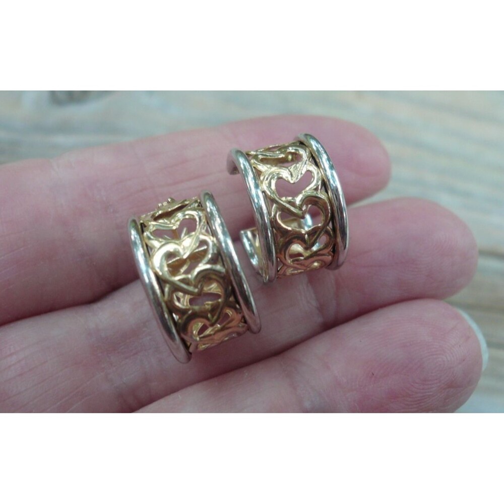 Vintage 14k 585 Yellow & White Gold Openwork Heart Hoop Huggie Earrings 2.34g